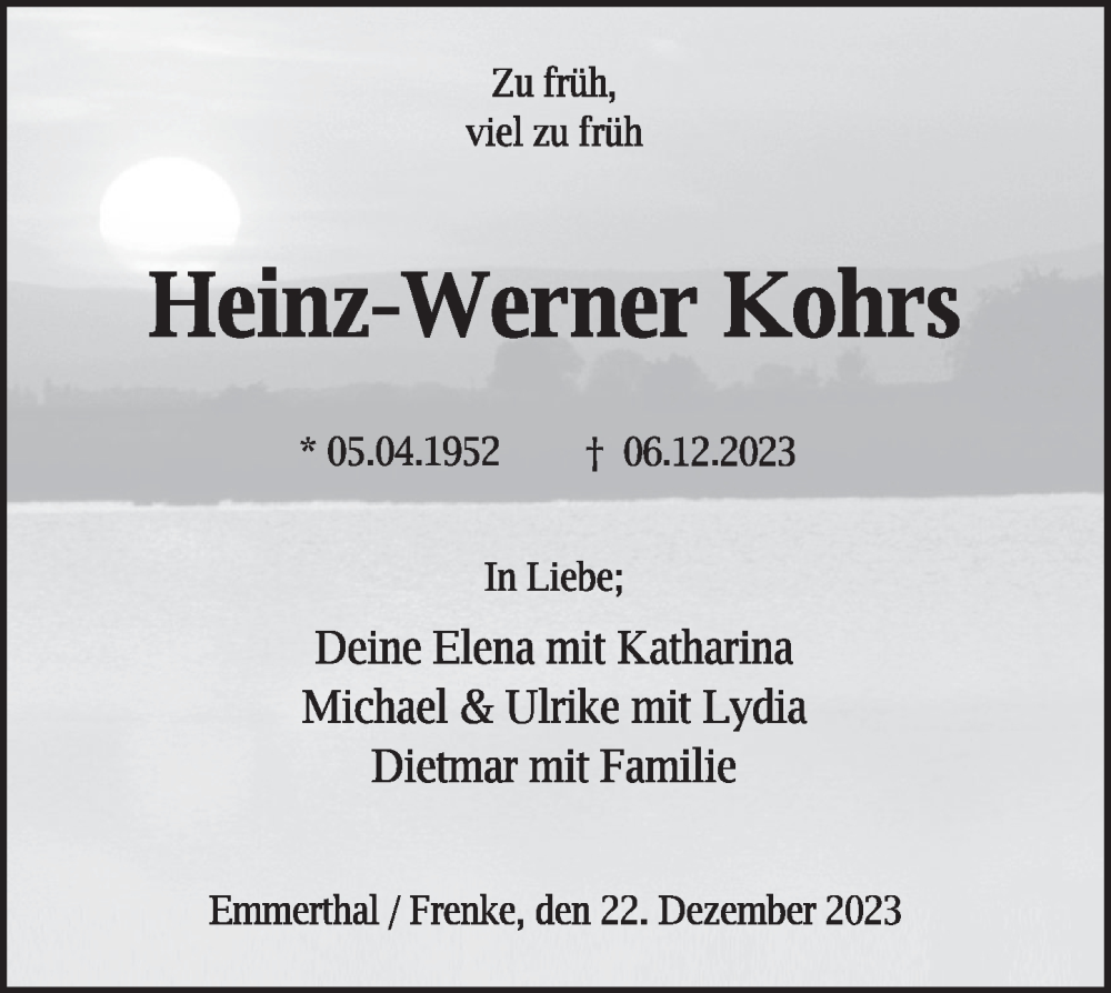  Traueranzeige für Heinz-Werner Kohrs vom 28.12.2023 aus Deister- und Weserzeitung