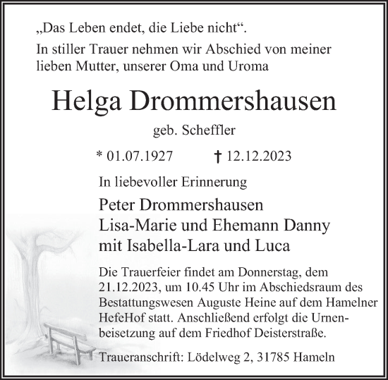 Traueranzeige von Helga Drommershausen von Deister- und Weserzeitung