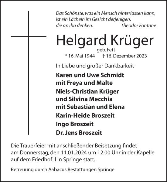Traueranzeige von Helgard Krüger von Neue Deister-Zeitung
