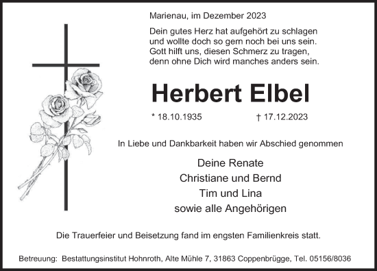 Traueranzeige von Herbert Elbel von Deister- und Weserzeitung