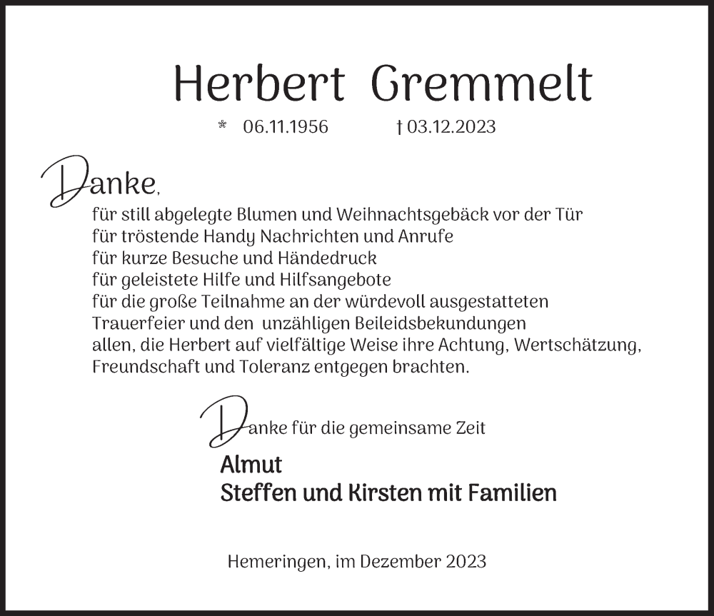  Traueranzeige für Herbert Gremmelt vom 30.12.2023 aus Deister- und Weserzeitung