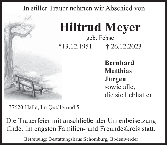 Traueranzeige von Hiltrud Meyer von Deister- und Weserzeitung