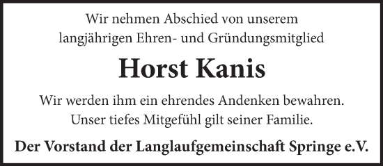 Traueranzeige von Horst Kanis von Neue Deister-Zeitung
