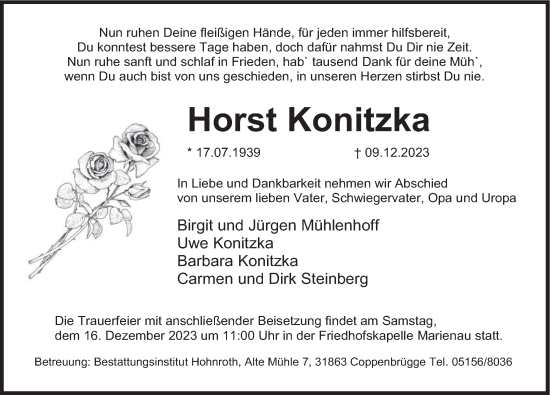 Traueranzeige von Horst Konitzka von Deister- und Weserzeitung
