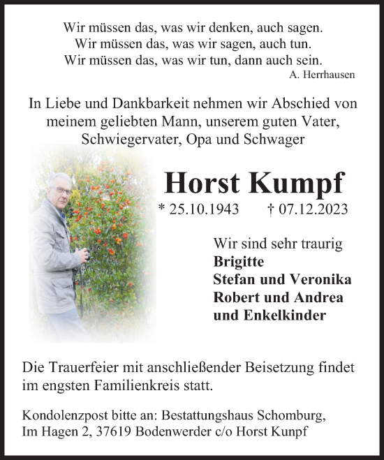 Traueranzeige von Horst Kumpf von Deister- und Weserzeitung