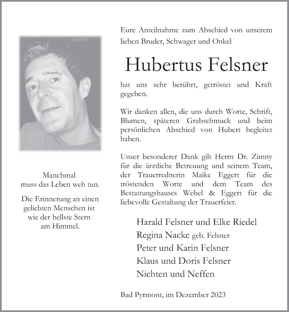  Traueranzeige für Hubertus Felsner vom 29.12.2023 aus Deister- und Weserzeitung