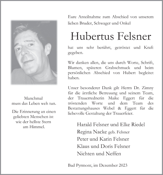 Traueranzeige von Hubertus Felsner von Deister- und Weserzeitung