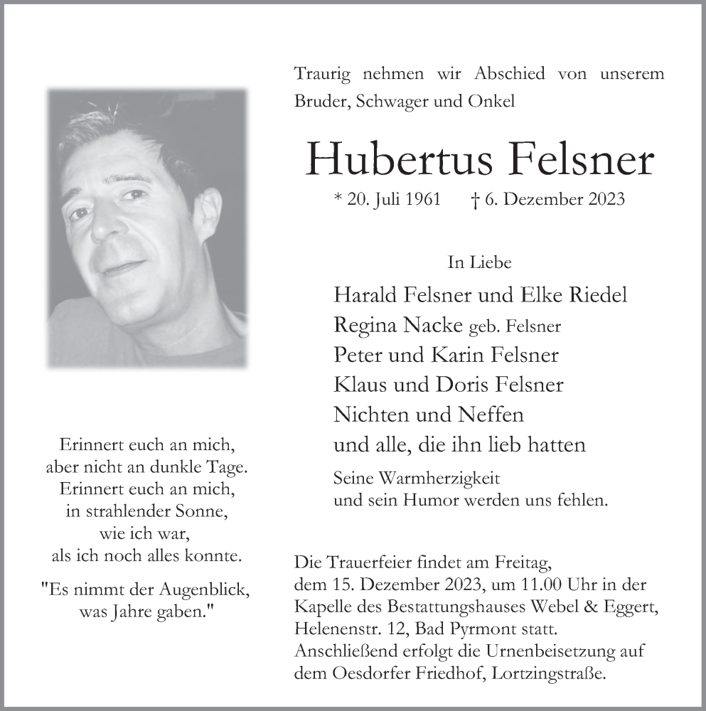  Traueranzeige für Hubertus Felsner vom 13.12.2023 aus Deister- und Weserzeitung