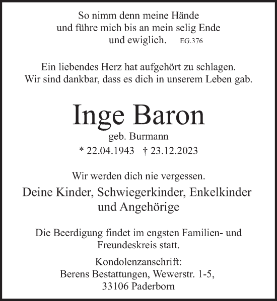 Traueranzeige von Inge Baron von Deister- und Weserzeitung