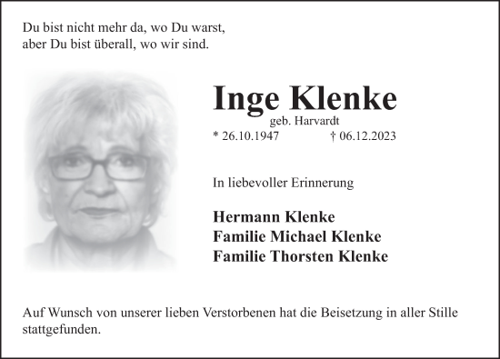 Traueranzeige von Inge Klenke von Deister- und Weserzeitung
