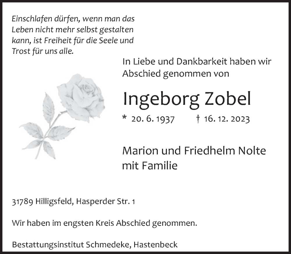  Traueranzeige für Ingeborg Zobel vom 13.01.2024 aus Deister- und Weserzeitung