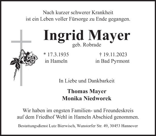 Traueranzeige von Ingrid Mayer von Deister- und Weserzeitung