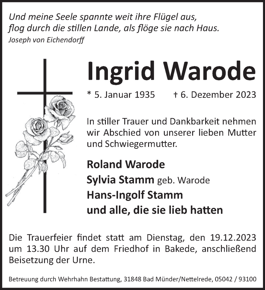  Traueranzeige für Ingrid Warode vom 16.12.2023 aus Neue Deister-Zeitung