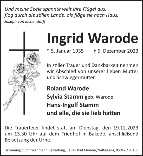 Traueranzeige von Ingrid Warode von Neue Deister-Zeitung