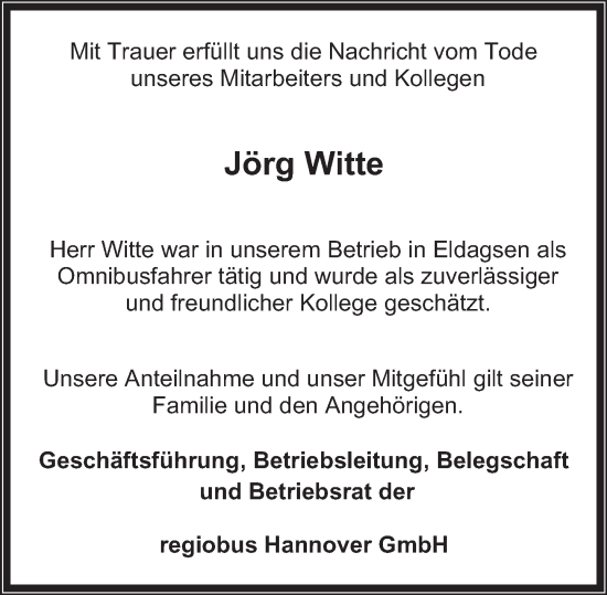 Traueranzeige von Jörg Witte von Neue Deister-Zeitung