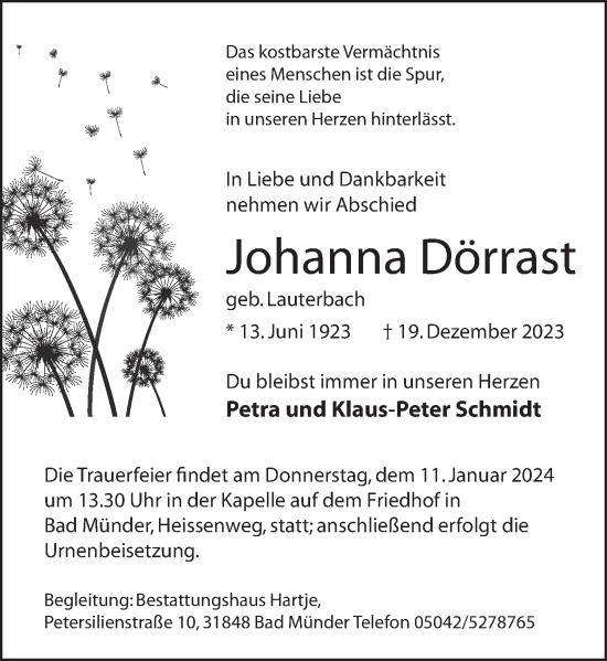 Traueranzeige von Johanna Dörrast von Neue Deister-Zeitung