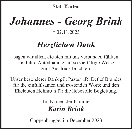 Traueranzeige von Johannes-Georg Brink von Deister- und Weserzeitung