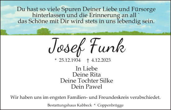 Traueranzeige von Josef Funk von Deister- und Weserzeitung
