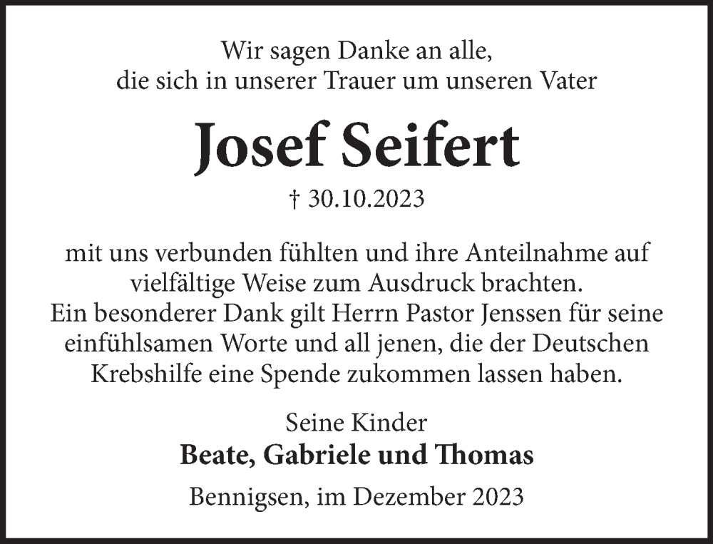  Traueranzeige für Josef Seifert vom 09.12.2023 aus Neue Deister-Zeitung
