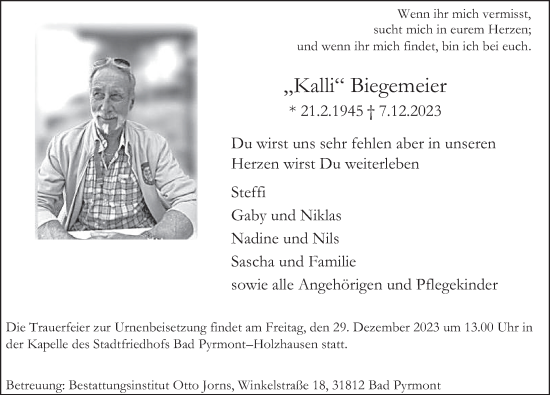 Traueranzeige von Kalli Biegemeier von Deister- und Weserzeitung