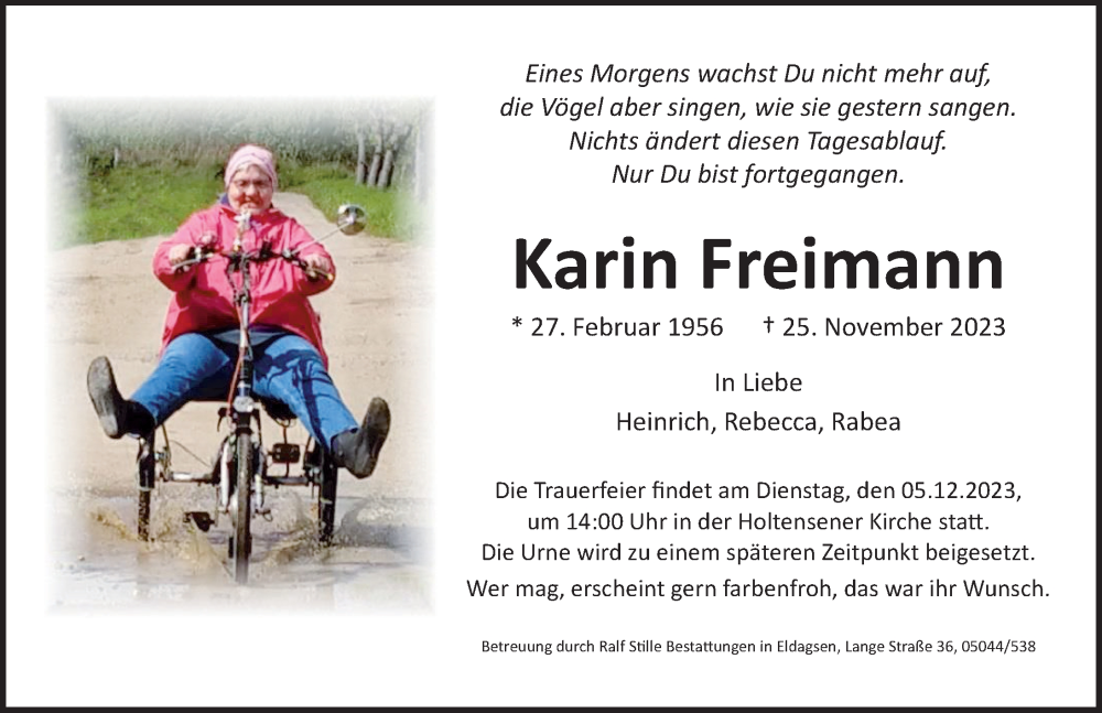  Traueranzeige für Karin Freimann vom 02.12.2023 aus Neue Deister-Zeitung