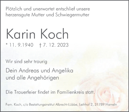 Traueranzeige von Karin Koch von Deister- und Weserzeitung