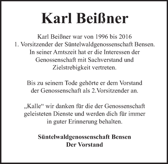 Traueranzeige von Karl Beißner von Deister- und Weserzeitung