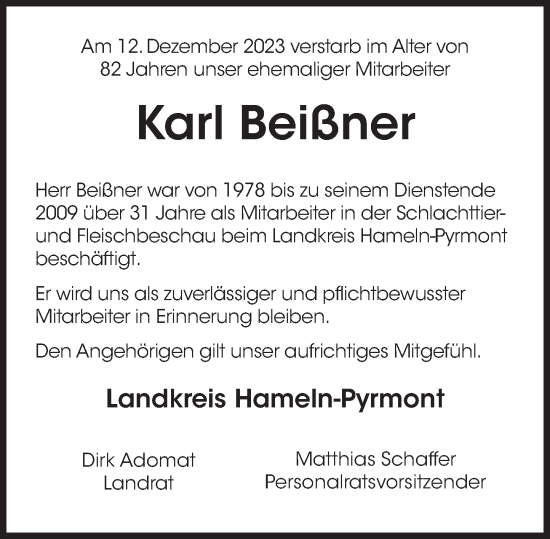 Traueranzeige von Karl Beißner von Deister- und Weserzeitung