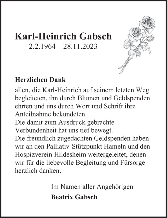 Traueranzeige von Karl-Heinrich  Gabsch von Deister- und Weserzeitung