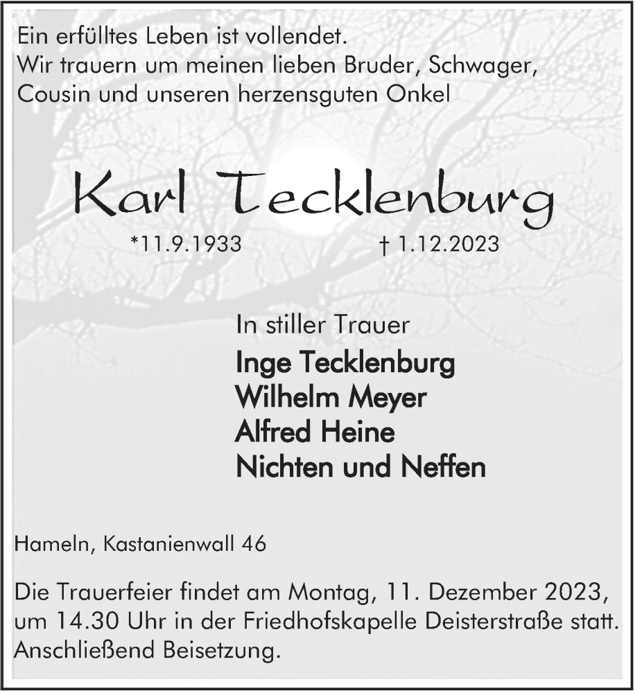  Traueranzeige für Karl Tecklenburg vom 07.12.2023 aus Deister- und Weserzeitung