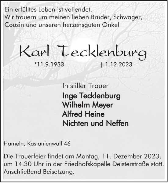 Traueranzeige von Karl Tecklenburg von Deister- und Weserzeitung