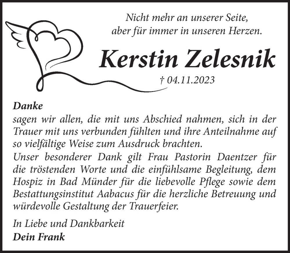  Traueranzeige für Kerstin Zelesnik vom 09.12.2023 aus Neue Deister-Zeitung