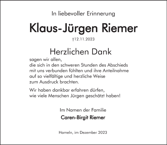 Traueranzeige von Klaus-Jürgen Riemer von Deister- und Weserzeitung