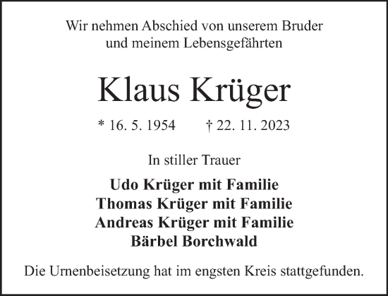 Traueranzeige von Klaus Krüger von Deister- und Weserzeitung