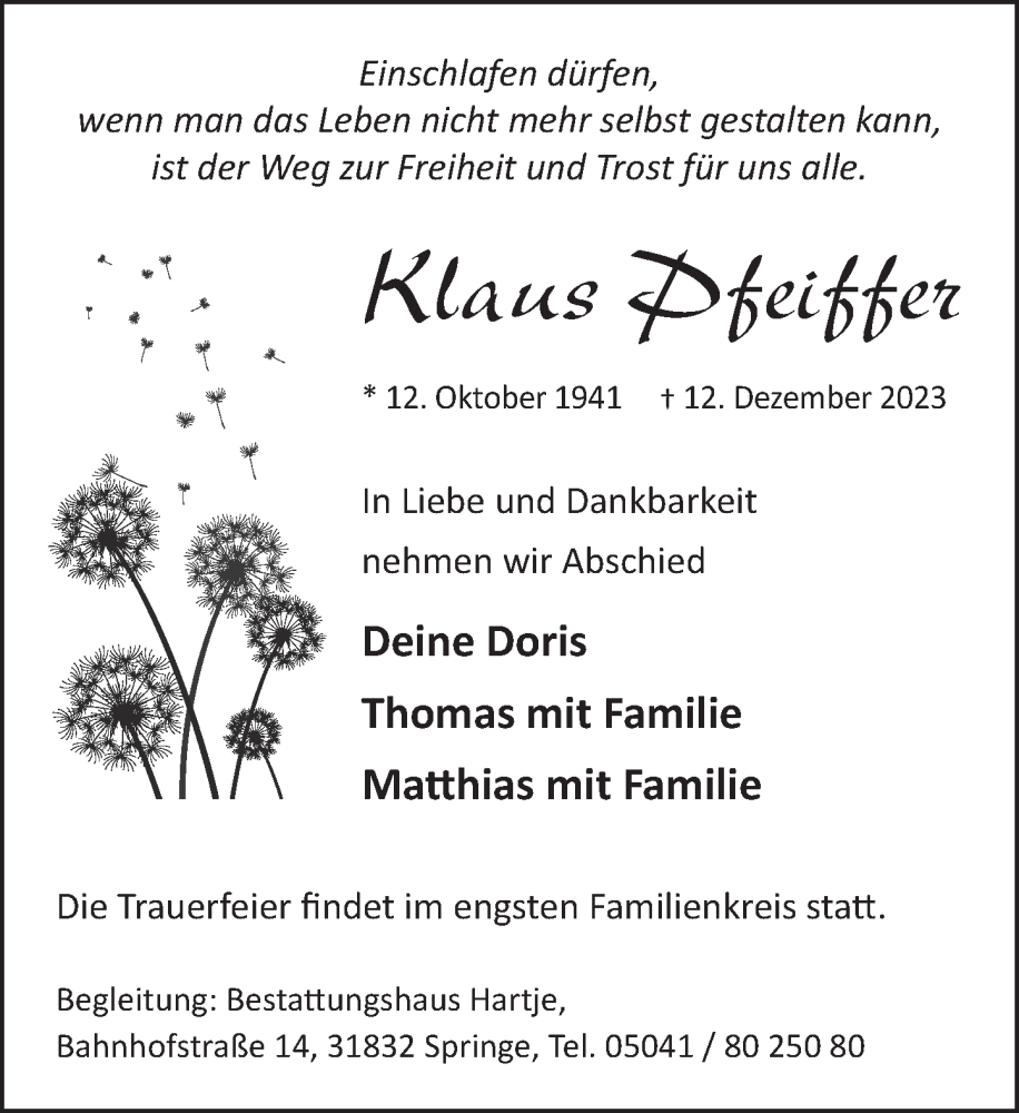  Traueranzeige für Klaus Pfeiffer vom 16.12.2023 aus Neue Deister-Zeitung