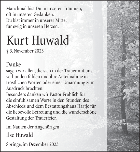 Traueranzeige von Kurt Huwald von Neue Deister-Zeitung