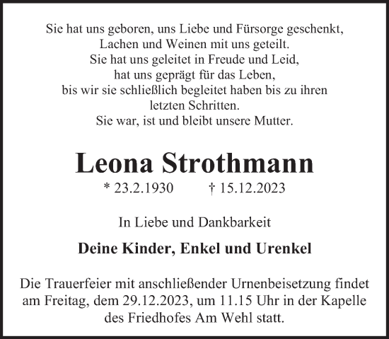 Traueranzeige von Leona Strothmann von Deister- und Weserzeitung