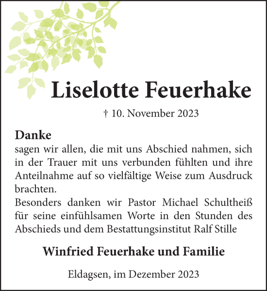 Traueranzeige von Liselotte Feuerhake von Neue Deister-Zeitung