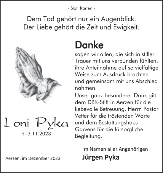 Traueranzeige von Loni Pyka von Deister- und Weserzeitung