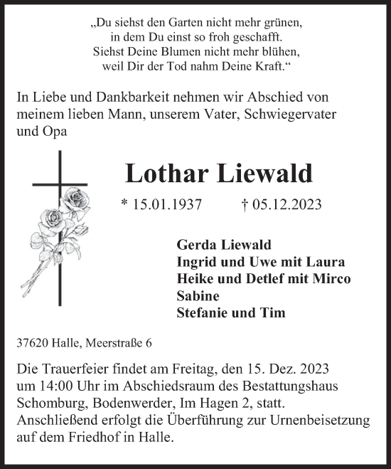 Traueranzeige von Lothar Liewald von Deister- und Weserzeitung