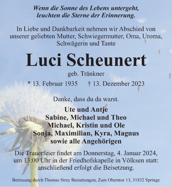 Traueranzeige von Luci Scheunert von Neue Deister-Zeitung