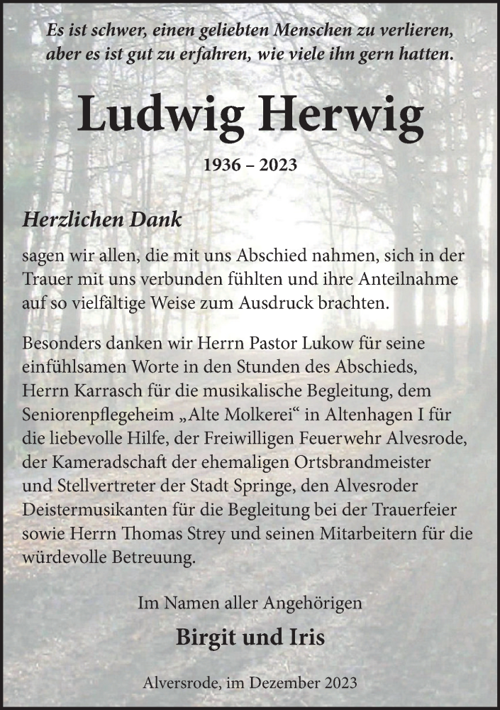  Traueranzeige für Ludwig Herwig vom 16.12.2023 aus Neue Deister-Zeitung