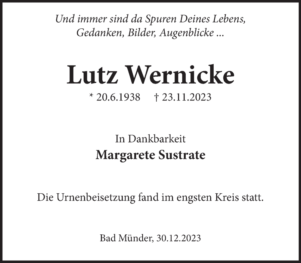  Traueranzeige für Lutz Wernicke vom 30.12.2023 aus Neue Deister-Zeitung