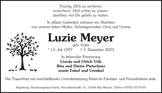 Traueranzeige von Luzie Meyer von Neue Deister-Zeitung