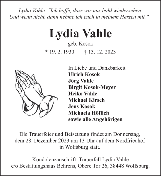 Traueranzeige von Lydia Vahle von Deister- und Weserzeitung