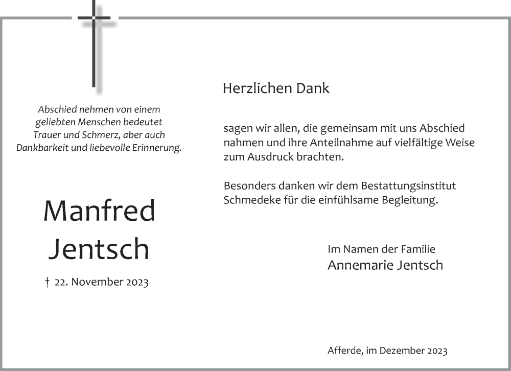  Traueranzeige für Manfred Jentsch vom 30.12.2023 aus Deister- und Weserzeitung