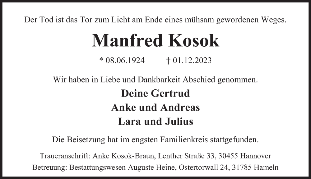  Traueranzeige für Manfred Kosok vom 15.12.2023 aus Deister- und Weserzeitung