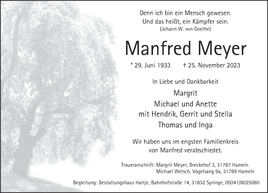 Traueranzeige von Manfred Meyer von Neue Deister-Zeitung