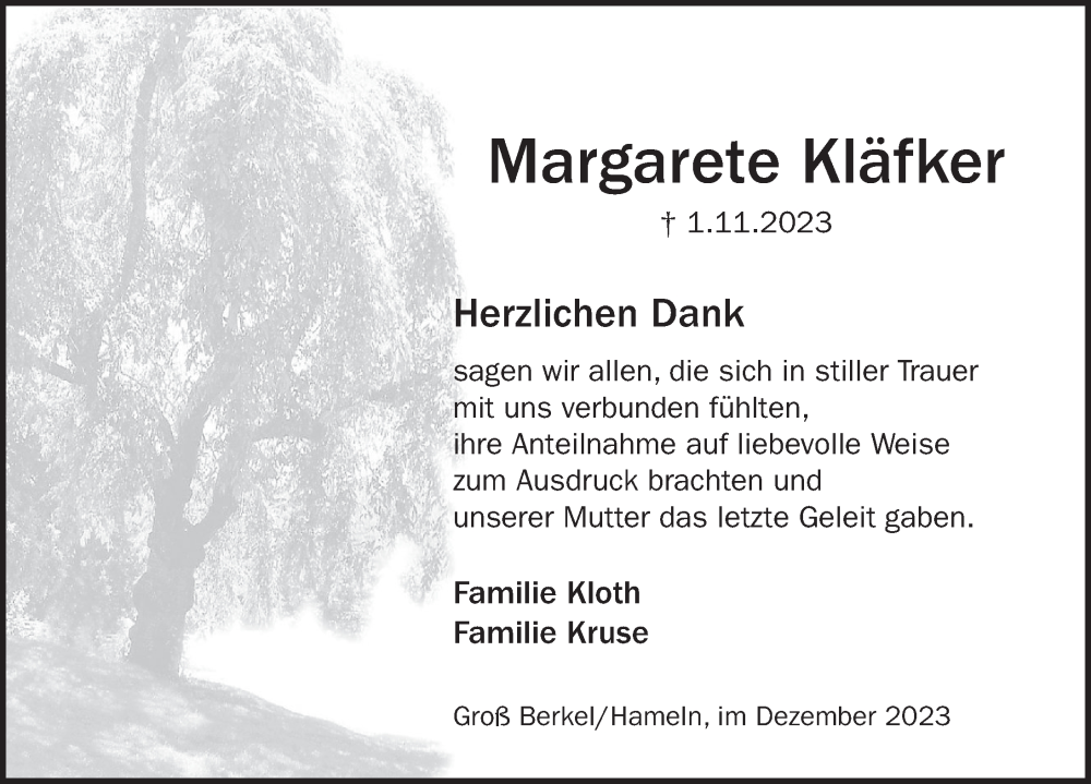  Traueranzeige für Margarete Kläfker vom 09.12.2023 aus Deister- und Weserzeitung