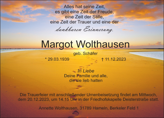 Traueranzeige von Margot Wolthausen von Deister- und Weserzeitung